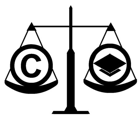 copyright symbol and mortar board on either side of the scales of justice