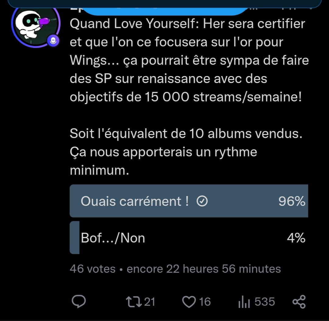 Clelinou972's tweet photo. Voici la lassitude dont je parlais. Le twt a été vu plus de 500 fois mais uniquement 40 pers on pris le temps de lire et de réagir au vote et 4% ne sont pas emballée. donc comment changer ca ? Je sais pas  #HelpBTS https://t.co/Foqhmhm4RS