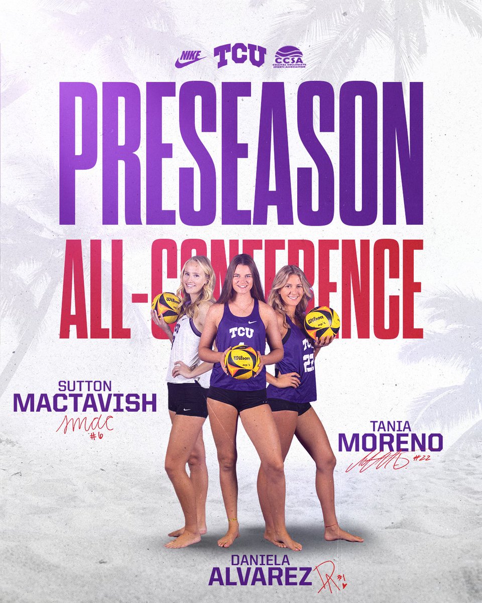 TCUBeachVB's tweet photo. Four 🐸s bestowed CCSA Preseason honors😤💪🔥

Player of the Year: Daniela Alvarez (2x recipient)
All-Conference: Sutton MacTavish, Daniela Alvarez (2x recipient) &amp; Tania Moreno (2x recipient)
Watch-List: Anhelina Khmil

#GoFrogs🏖️🏐 x #OneTeam https://t.co/17yVWaq5TK