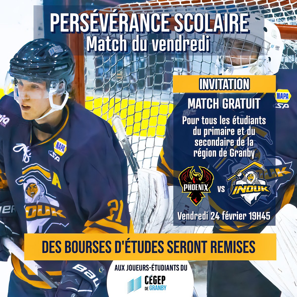 petergodbout's tweet image. INVITATION : MATCH GRATUIT
Les étudiants du primaire et secondaire seront admis GRATUITEMENT pour le match ce vendredi 24 février à 19h. 

#Granby #granbyqc  #Bromont #shefford #hockeyjunior #juniorAAA #hockeymineur #lhjaaaq  #estrie #hauteyamaska #chemindescantons #cantonsdelest