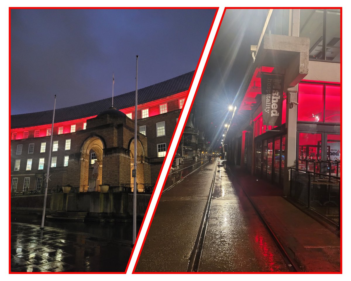 Bristol City Council and @mshedbristol lit up in support of #Red4WED to raise awareness of encephalitis @encephalitis