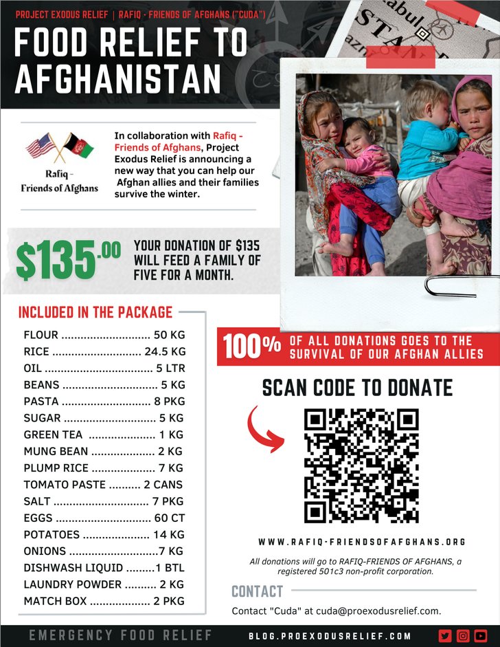 ProExodusRelief's tweet photo. We are in desperate need of providing food for targeted Afghan families in hiding from the Taliban. Please donate toward a food drop or sponsor a family for a month or more to get the food package below! Thank you. https://t.co/mJsifneJVM #ProjectExodus #Afghanistan #FoodDrops https://t.co/l9guZINbe0