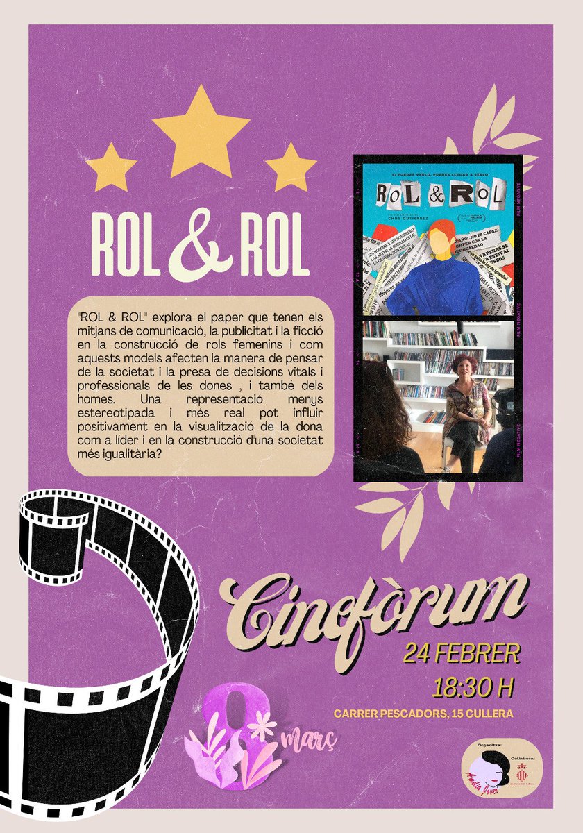 ameliajover's tweet photo. ♀️Fem camí per al 8 de març amb la projecció del documental Rol &amp; Rol. Baix la direcció de Chus Gutiérrez, explorarem l'impacte que els rols de gènere tenen en les vides de les dones. Com acabarem amb la desigualtat si es continua reproduint i perpetuant estereotips sexistes? https://t.co/xoFt7BBBtj