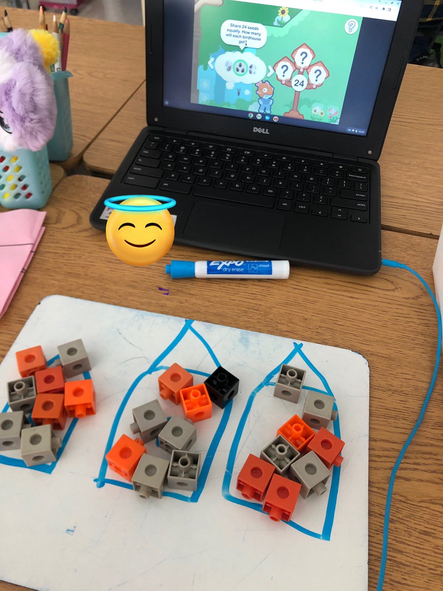 We are also exploring when and how to divide. We are focusing on sharing small amounts into equal groupings. Today we were given this “does it work?” problem. We continued to practise dividing with an online game.