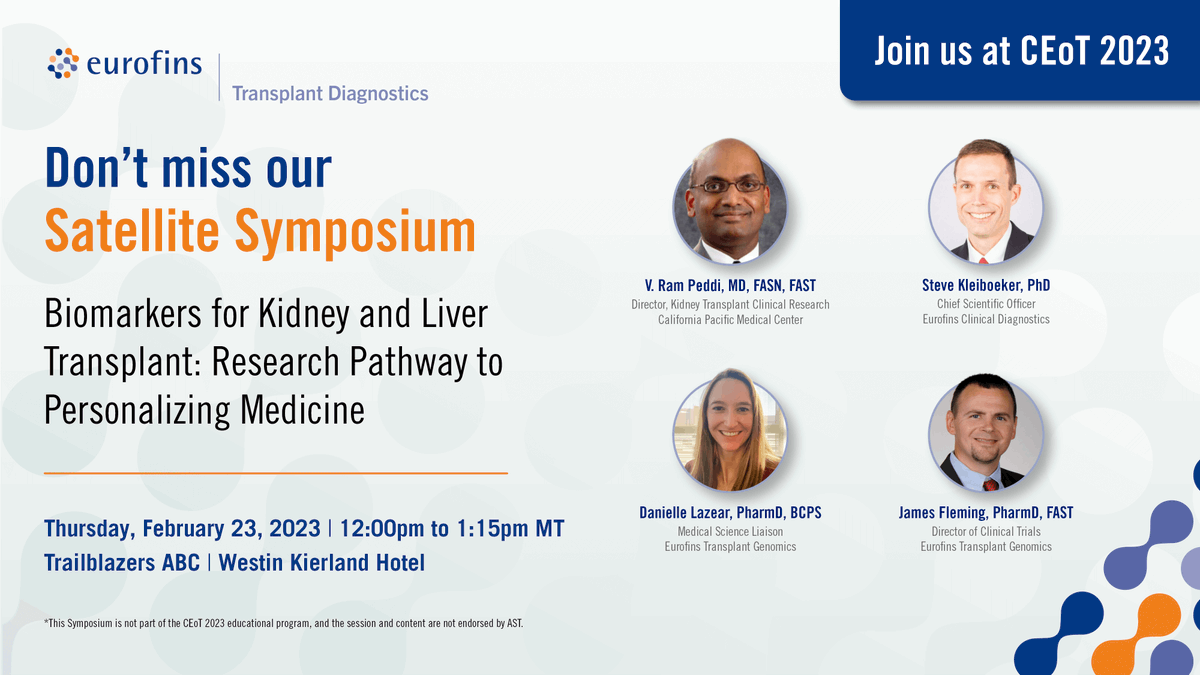 Join us at #CEoT2023! Don’t miss our symposium, "Biomarkers for Kidney and Liver Transplant: Research Pathway to Personalizing Medicine.” Learn about the latest advancements in transplant diagnostic biomarkers and potential implications for patient care. Feb. 23 @ 12:00 pm MT