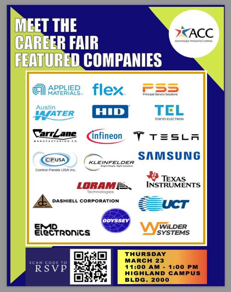 ACCadvancedmfg's tweet image. Bring your resume tomorrow to ACC Highland! Career Fair! Go!