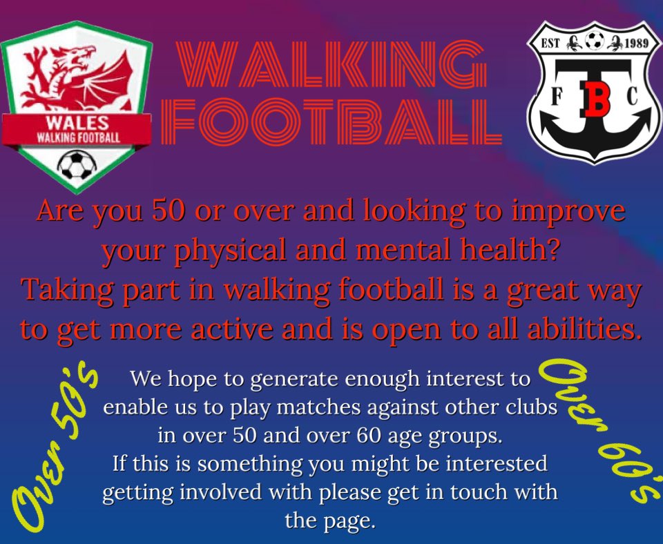 We’re looking at setting up walking football sessions for over 50’s. Get in touch for more details
With all the great footballers that have come from the area over the years there must be a few that would still love to play the game! @wales_walking #footballforeveryone #inclusive