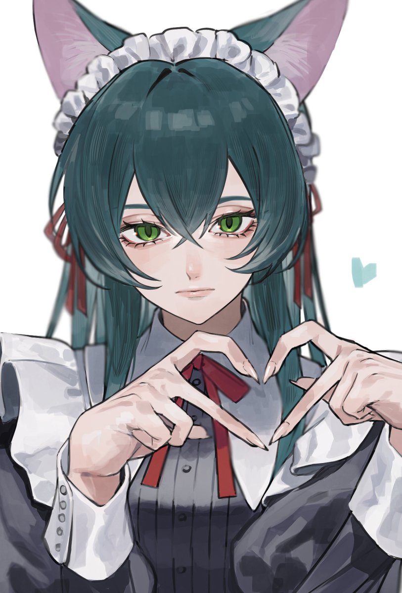 1girl solo animal ears green eyes heart hands heart maid headdress  illustration images