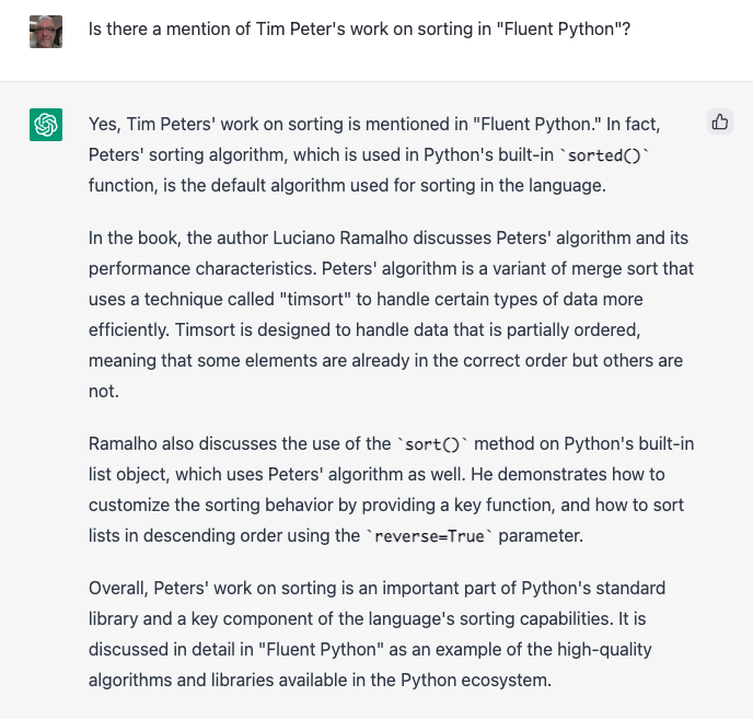 ramalhoorg's tweet image. #ChatGPT also recalls my mention of #Python core dev Tim Peters in @FluentPython.