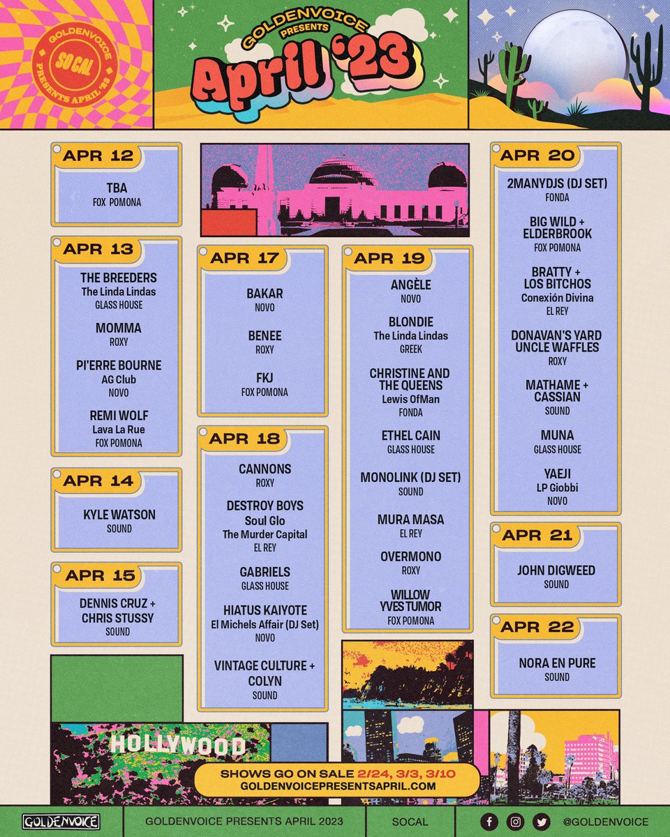 Goldenvoice Presents April 2023 🕺 get down desert-style all month long with intimate performances by artists on this year’s Coachella lineup. learn more &amp; enter to win a pair of Coachella passes &amp; tickets to EVERY Goldenvoice Presents April show: goldenvoicepresentsapril.com 🌵