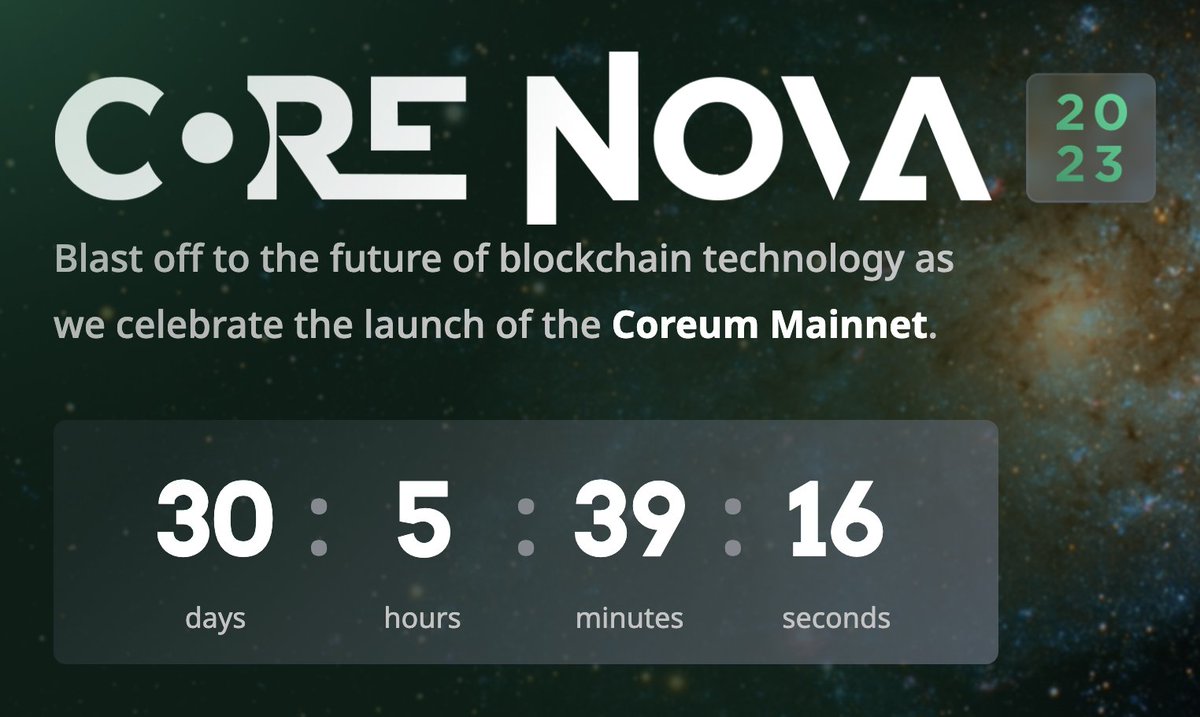 Only 30 days left.
#Coreum Mainnet Launch + Snapshot!
<a href="/CoreumOfficial/">Coreum</a>