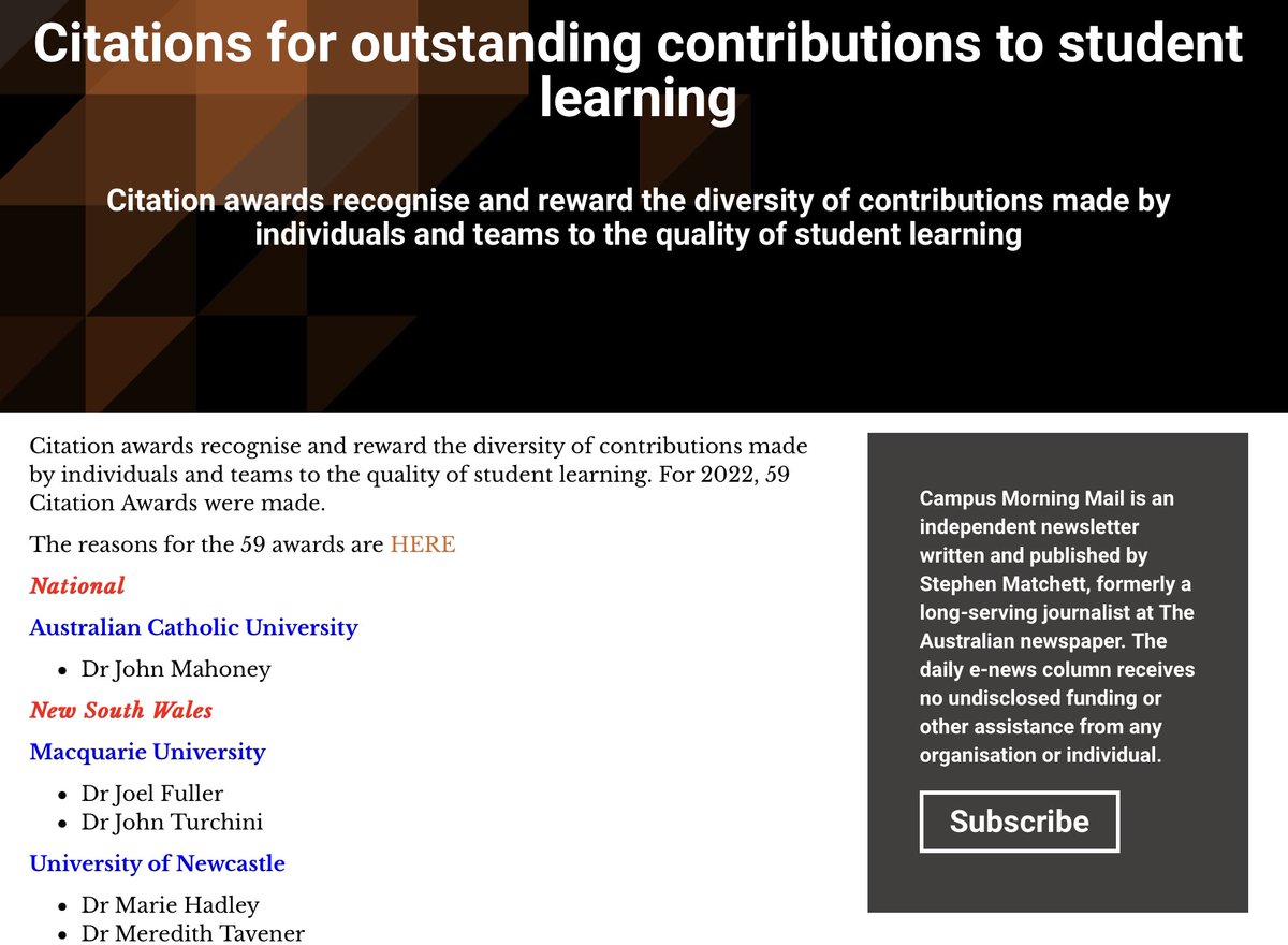 Sally Kift (@kiftsally) on Twitter photo Congrats to all <a href="/uniaus/">Universities Australia</a> Aust Award for Uni Teaching Citation winners listed in CMM this am (w 🙏🏼to CMM for doing so!)
@aauniteachers video of all awards here universitiesaustralia.edu.au/policy-submiss…
Citations for outstanding contributions to student learning campusmorningmail.com.au/news/citations…
#UAConf2023 Congrats to all <a href="/uniaus/">Universities Australia</a> Aust Award for Uni Teaching Citation winners listed in CMM this am (w 🙏🏼to CMM for doing so!)
@aauniteachers video of all awards here universitiesaustralia.edu.au/policy-submiss…
Citations for outstanding contributions to student learning campusmorningmail.com.au/news/citations…
#UAConf2023