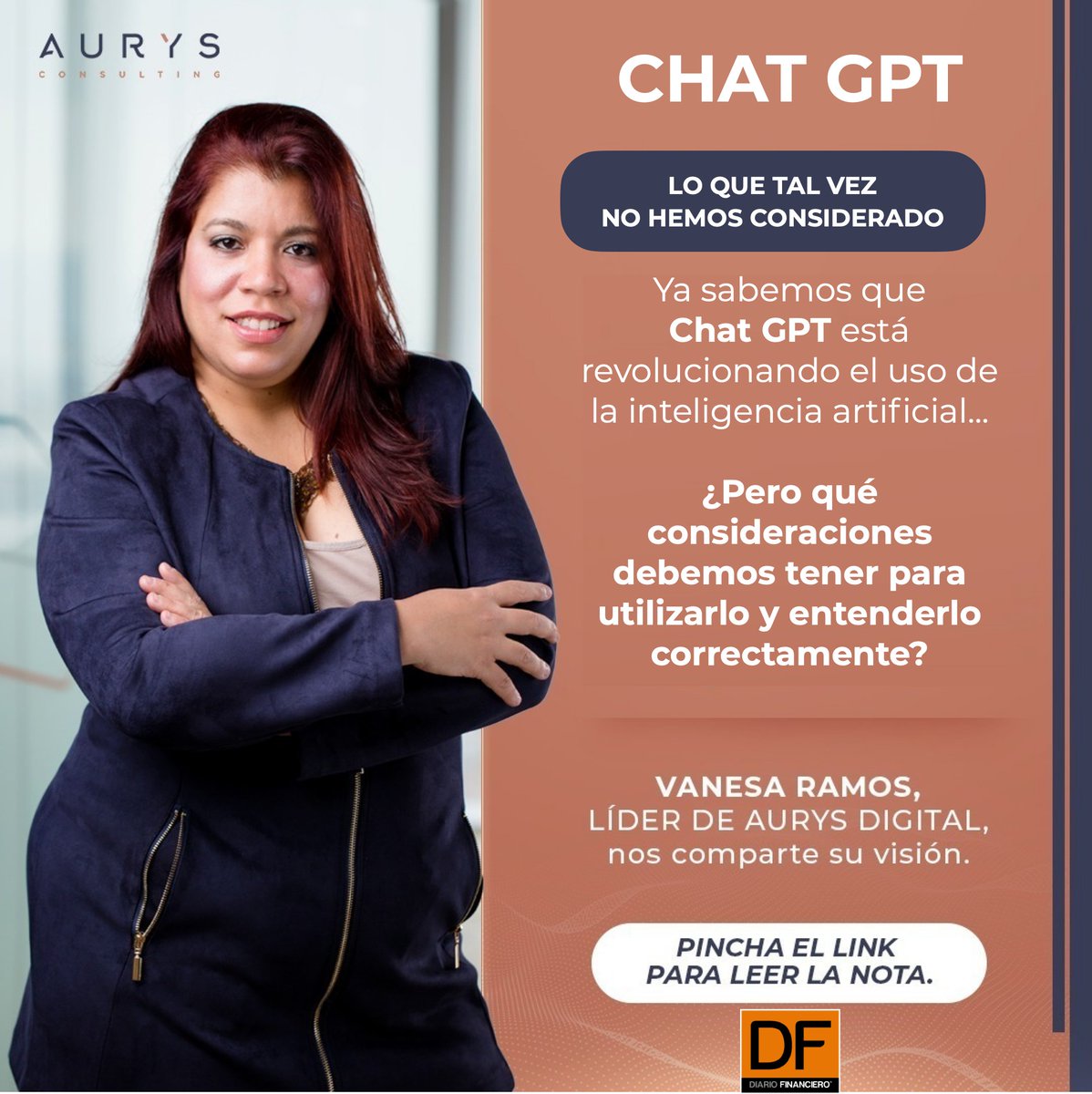 AurysConsulting's tweet photo. ¿Qué implicancias reales trae #ChatGPT? Vanessa Ramos, líder de Aurys Digital, comparte su visión en una nota exclusiva para
@DFinanciero
. https://t.co/3OQkIZJ7JS
#Tecnología #AurysDigital #Chile #InteligenciaArtificial #Consulting https://t.co/Y1VVzcHD3A