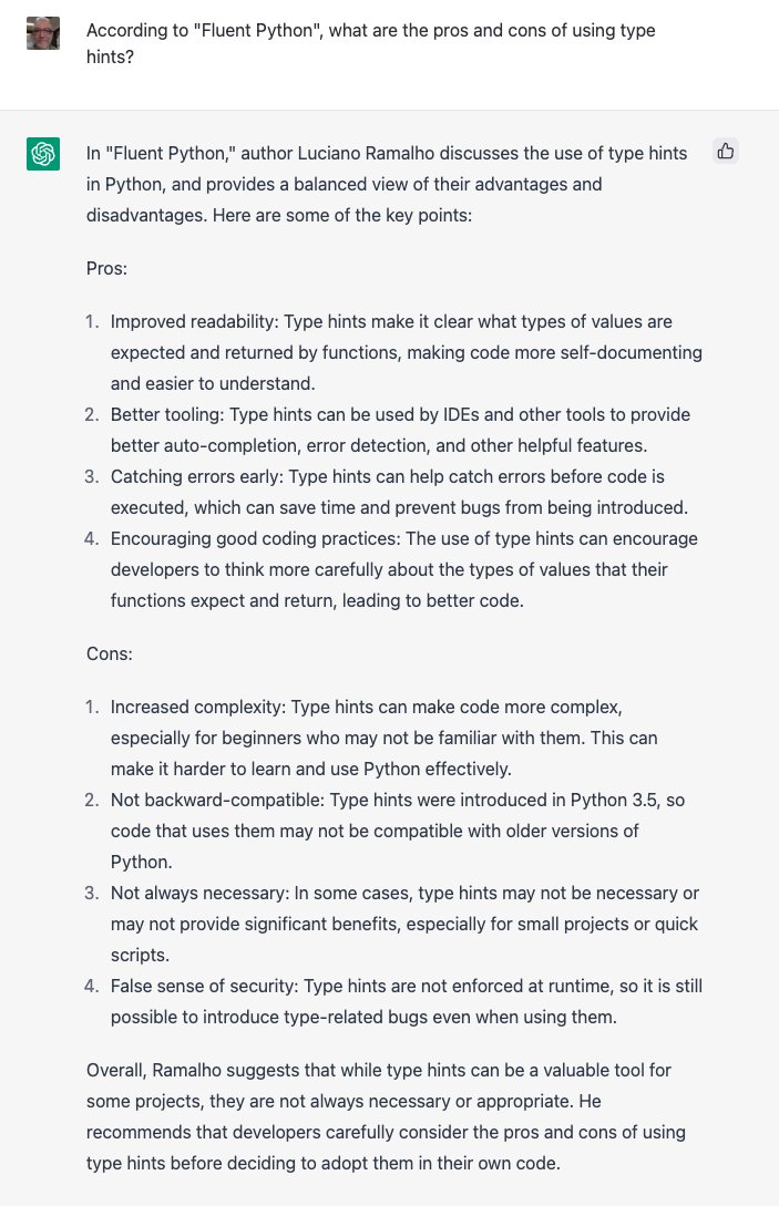ramalhoorg's tweet image. #ChatGPT spells out my take on type hints after she read @fluentpython cover to cover!