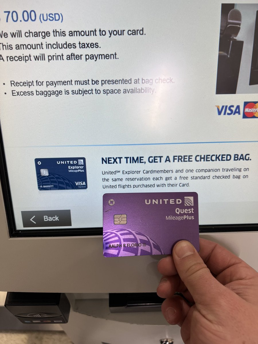 Florio25's tweet photo. @united question, I’ve been a loyal member for years and recently upgraded to your new QUEST credit card, allowed up to 2 free checked bags for each on my reservation so WHY do I have to pay for 1 checked back each?! #terriblecustomerservice #ironic #whyupgrade #reallyadowngrade https://t.co/K5MNQp8wN3