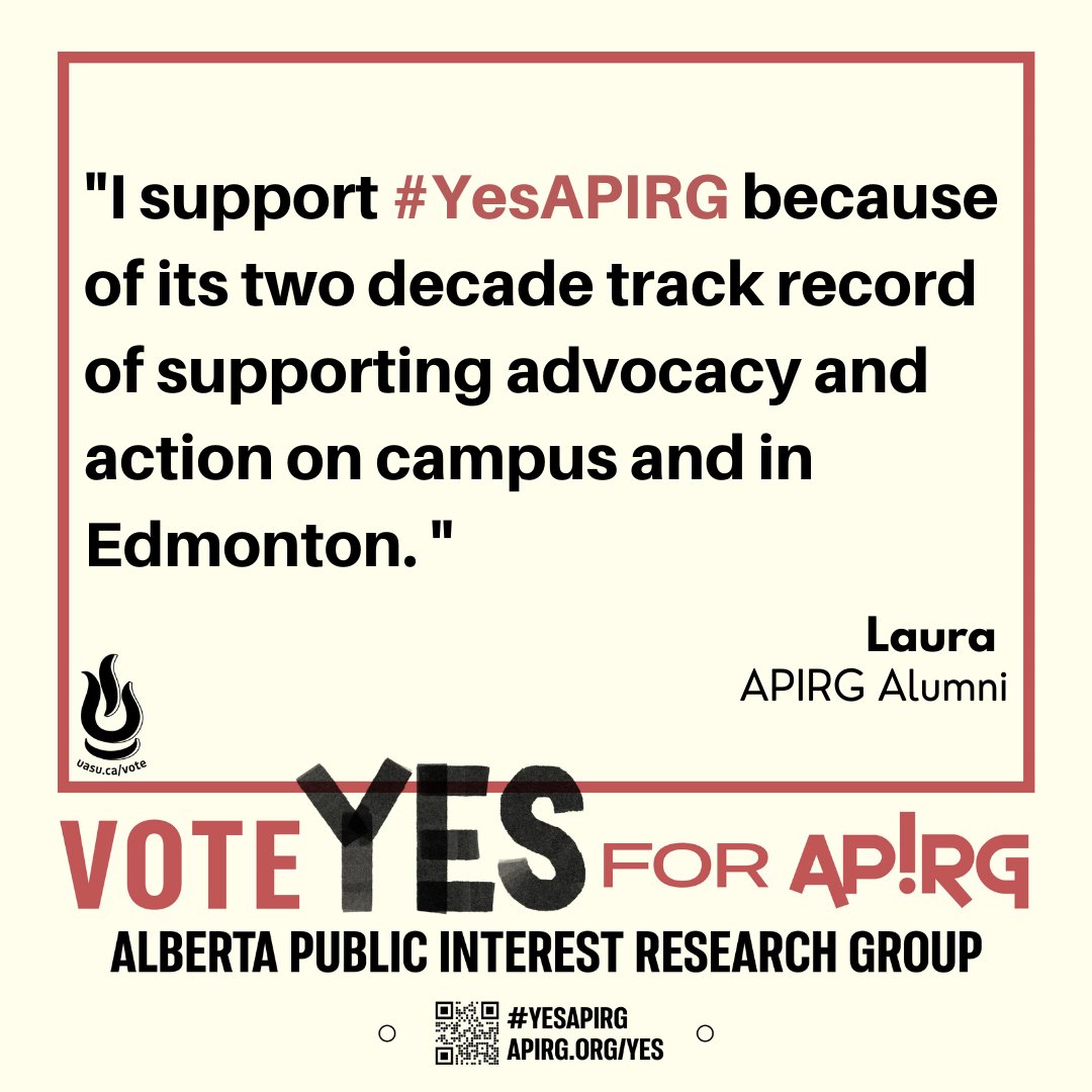apirg's tweet photo. "I support #YesAPIRG because of its two decade track record of supporting advocacy and action on campus and in Edmonton." - Laura, APIRG Alumni https://t.co/j48XAeTkG2