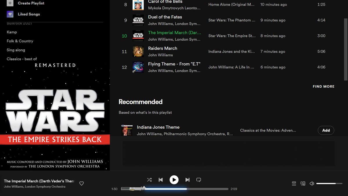 McKemsky's tweet photo. Just discovered this neat #easteregg in Spotify for Windows 10 (or in your browser). When playing music from the Star Wars movies,  the seekbar changes into a lightsaber. Any other of these discoveries I should know of? #StarWars #Spotify https://t.co/70hpFm44VI