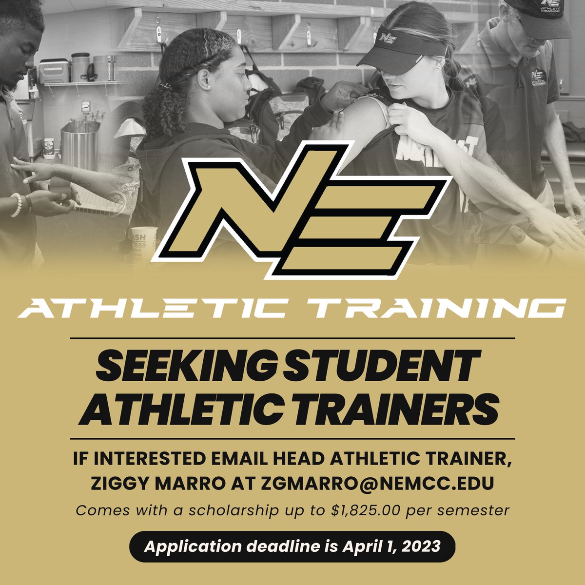 Current & Prospective NEMCC students! We’re looking for student athletic trainers for the 2023-2024 academic school year. If interested PM us or email our Head Athletic Trainer, Ziggy Marro at zgmarro@nemcc.edu ‼️