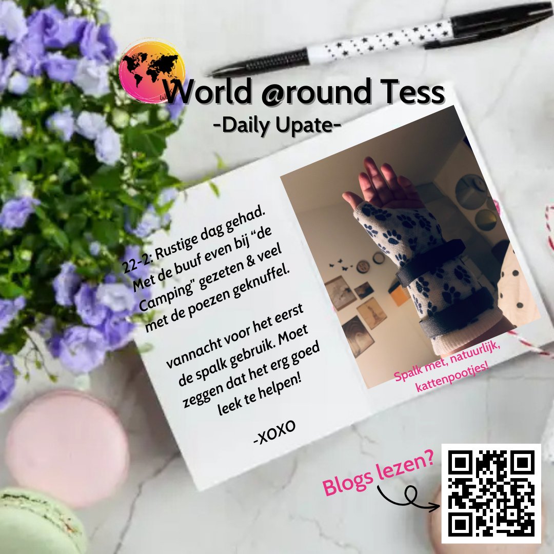 WorldAroundTess's tweet photo. Rustige dag en de spalk helpt goed! Ik mocht bij het maken van de spalk kiezen uit saaie kleurtjes of kattenpootjes. Tja, die keuze was makkelijk 😇🐾 #WorldAroundTess #Daily #Update #Spalk #Huizedreackensteijn #Overbelasting #DeCampingKoffieTent https://t.co/DYMNvM3pvM