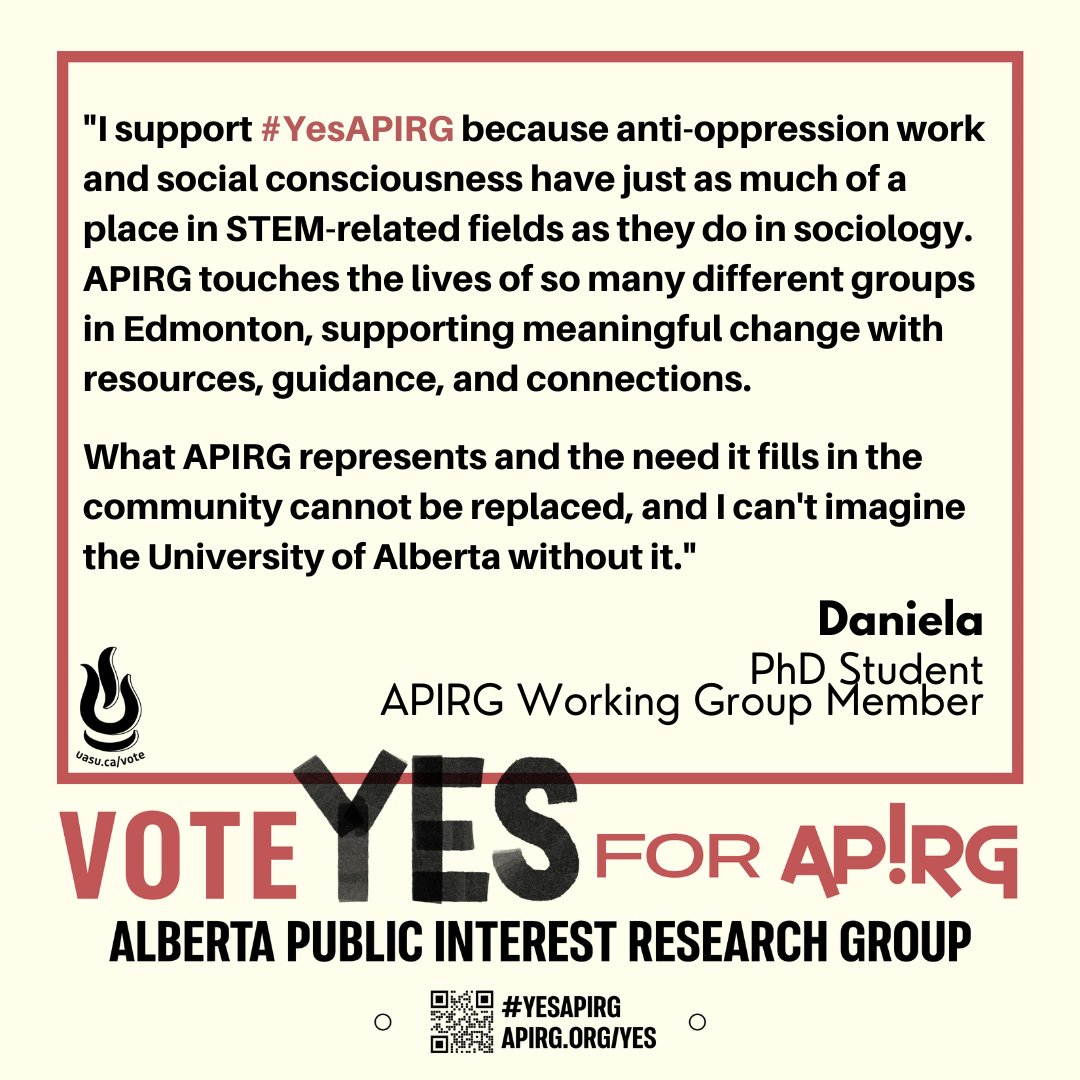 apirg's tweet photo. "I support #YesAPIRG because anti-oppression work and social consciousness have just as much of a place in STEM-related fields as they do in sociology." - Daniela, PhD Student & APIRG Working Group Member https://t.co/2UGN2lpp9z