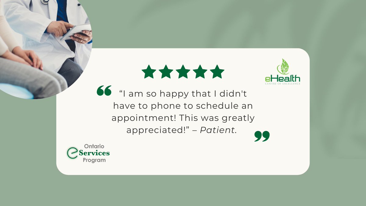 eHealthCE's tweet photo. “I am so happy that I didn't have to phone to schedule an appt! This was greatly appreciated!” – Patient. This is the feedback that drives our mission. Improving access. Improving patient care. https://t.co/8EHoMbueXu #eServicesProgramOntario #eReferral https://t.co/RhOrQJjxqK