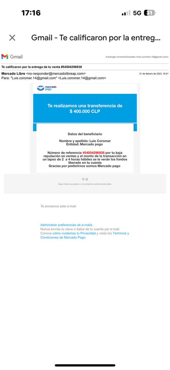 <a href="/ML_Chile/">Mercado Libre Chile</a> señores mi hijo puso un iPhone 11 el día de ayer por su plataforma para la venta y  esta mal señora llamada 
 ELIZABETH ANDUEZA con una transferencia ESTAFO A MI HIJO espero que ustedes nos den alguna clase de asesoría y pronta solución 
Se agradece el RT
