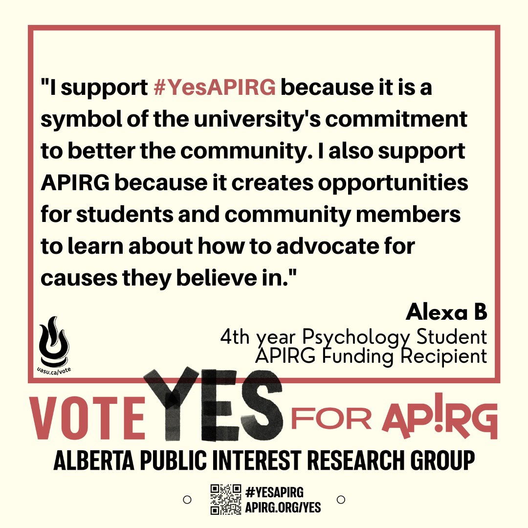 apirg's tweet photo. "I support #YesAPIRG because it is a symbol of the university's commitment to better the community." - Alexa, 4th year Psychology Student & APIRG Funding Recipient https://t.co/nkYvlGRLyr