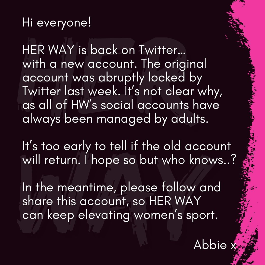 ICYMI: HER WAY is back on the bird site. Would love your help getting the word back out there to rebuild the women’s sport-loving community I had built. Please share and retweet