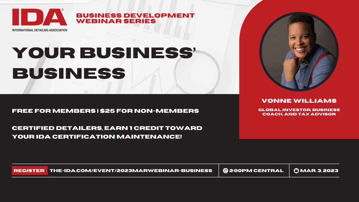 The IDA is introducing a new webinar series covering Business Development topics, open to both IDA members &amp; non-members, which will take place on the 1st Friday each month. First up is "Your Business’ Business" w/ Vonne Williams on 3/3 at 2pm CST.

RSVP: the-ida.com/event/2023marw…