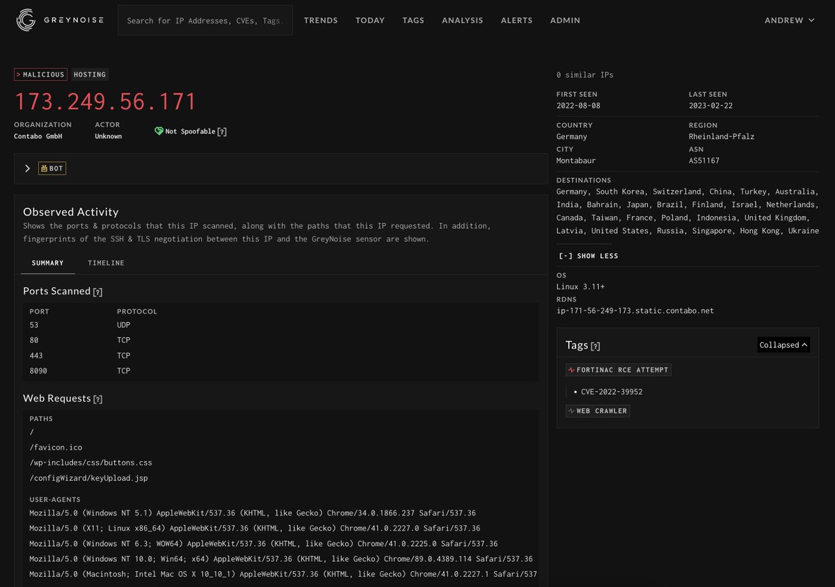 Andrew___Morris's tweet image. .@GreyNoiseIO is observing broad exploitation of FortiNAC CVE-2022-39952. Tags and blocklists available now. 

Hat tip to @Horizon3Attack🫡

viz.greynoise.io/query/?gnql=ta…