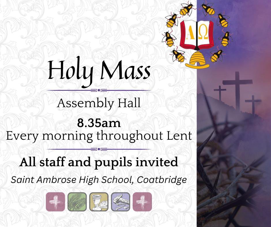 Early Morning Lenten Masses <a href="/stambrosehigh/">St Ambrose High</a> start tomorrow Thursday 23rd Feb at 8.35am. A great way to start each day of Lent around the altar. #Lent <a href="/rcmotherwell/">Motherwell Diocese</a> <a href="/LeadersAmbrose/">St Ambrose Leaders</a> <a href="/ambrose_hs/">St Ambrose HS Parent Council</a> <a href="/ambeesenglish/">Mrs McConnell</a> <a href="/StAmbroseSci/">St Ambrose Science</a> <a href="/StAmbroseRE/">St Ambrose RE Dept</a> <a href="/StAmbMaths/">St Ambrose Maths Dept</a> <a href="/st_ambrose_pe/">St Ambrose PE Dept</a>