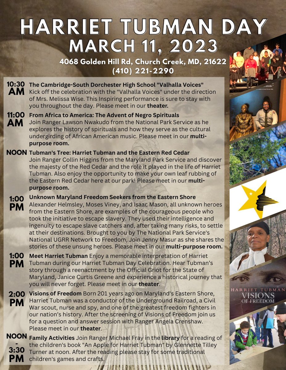 Join the National Park Service and Maryland State Parks for our annual Harriet Tubman Day Celebration on March 11, 2023! There will be programs, activities, and ranger-led talks going on from 10:30 AM to 3:30 PM. Make sure to #savethedate for a day in #tubmancountry. #NPS