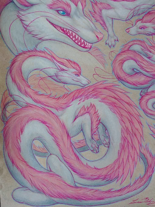 Coloured pencil piece I finished for the wonderful , combining my two favourite things - long and limber creatures, and the colour pink 