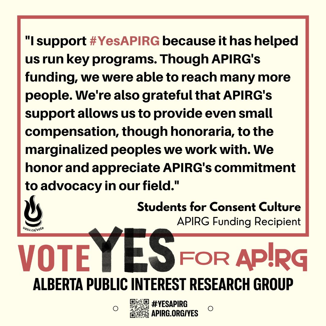 apirg's tweet photo. "I support #YesAPIRG because it has helped us run key programs. [...] We're also grateful that APIRG's support allows us to provide even small compensation, though honoraria, to the marginalized peoples we work with." -@SFCCCanada, APIRG Funding Recipient https://t.co/qGqh2slmVF