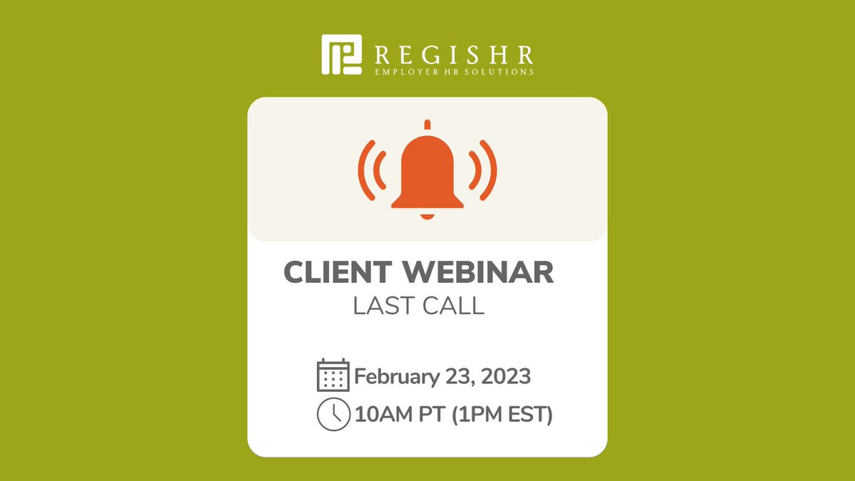 RegisHRGroup's tweet image. 📣 Last Call: Webinar - Employment in California. Tomorrow at 10am PT (1pm EST).

Contact your assigned Regis HR Manager if you were unable to register with the email link sent earlier today. Hope to see you there!

#clientwebinar #lawupdates #lastcall #regisHR #2023