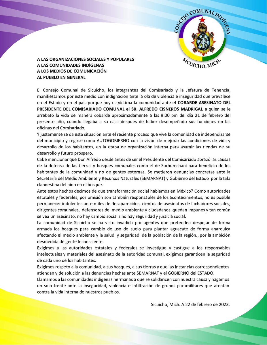 PavelUlianov's tweet photo. Comunidades indígenas exigen la renuncia del Secretario de Seguridad Pública de #Michoacán. Asesinan al defensor de los bosques Comisariado de Bienes Comunales de #Sicuicho: Alfredo Cisneros Madrigal. Consejo Supremo Indígena de Michoacán #CSIM 🟪🟦🟨🟩

¡Justicia para Sicuicho! https://t.co/XxPpRCmWSi