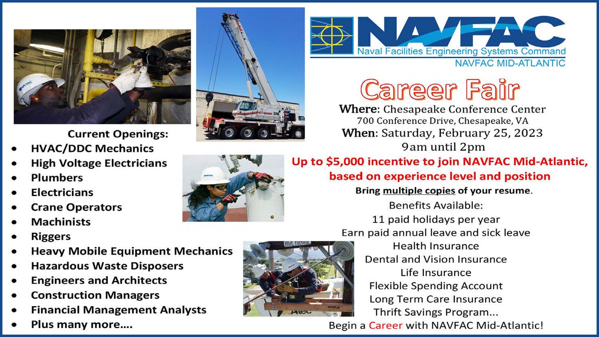 Calling all job seekers!!!
NAVFAC Mid-Atlantic will host a Career Fair, Feb. 25, at the Chesapeake Conference Center from 9 a.m. to 2 p.m. 

Candidates may receive up to a $5,000 incentive to join NAVFAC MIDLANT based on experience level and position.