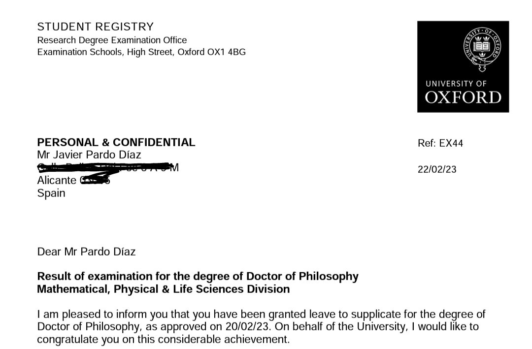 Justo hoy (hay que ver qué casualidad!) me ha llegado esto: el documento que confirma que he obtenido un título de doctorado. Sin embargo, no me va a valer de nada en España por culpa de <a href="/PSOE/">PSOE</a> <a href="/ppopular/">Partido Popular</a> y <a href="/UniversidadGob/">Ministerio de Universidades</a>, entre otros. ¿Decepcionado? Sí. ¿Sorprendido? No.