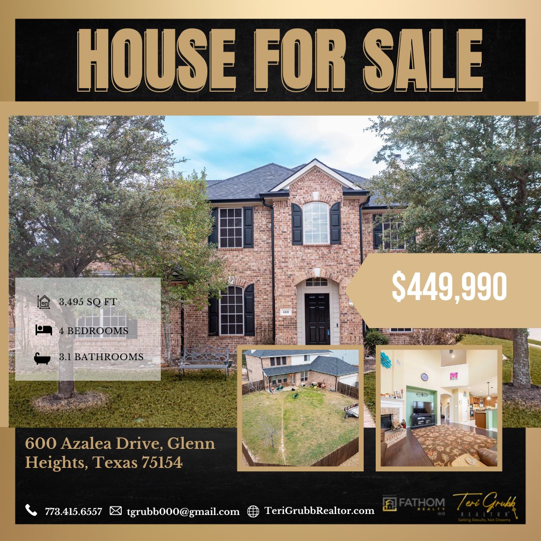 TeriGRealtor's tweet photo. Lovingly Maintained Home For Sale 🏡
600 Azalea Drive
Glenn Heights, TX 75154
4 Bed/3.1 bath
Approx 3,500 Sqft
$449,900
#TeriSellsDFW #TeriGrubbRealtor #GlennHeightsHomes #GlennHeightsRealtor #FathomRealtor #dallasrealtor #DFWRealtor #dfwhomesforsale https://t.co/ZqBpUYVReP