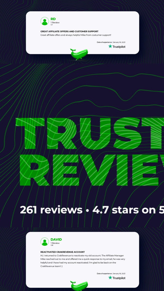 CrakRevenue's tweet image. 🌟 4.7/5 stars 🌟 (open for reviews)

We are grateful for this overall rating on @Trustpilot 🥇

Your feedback will always fuel our motivation to improve ourselves continuously and remain an industry-leading #CPAnetwork 🔥

Thanks for your trust and continued support! 🙏