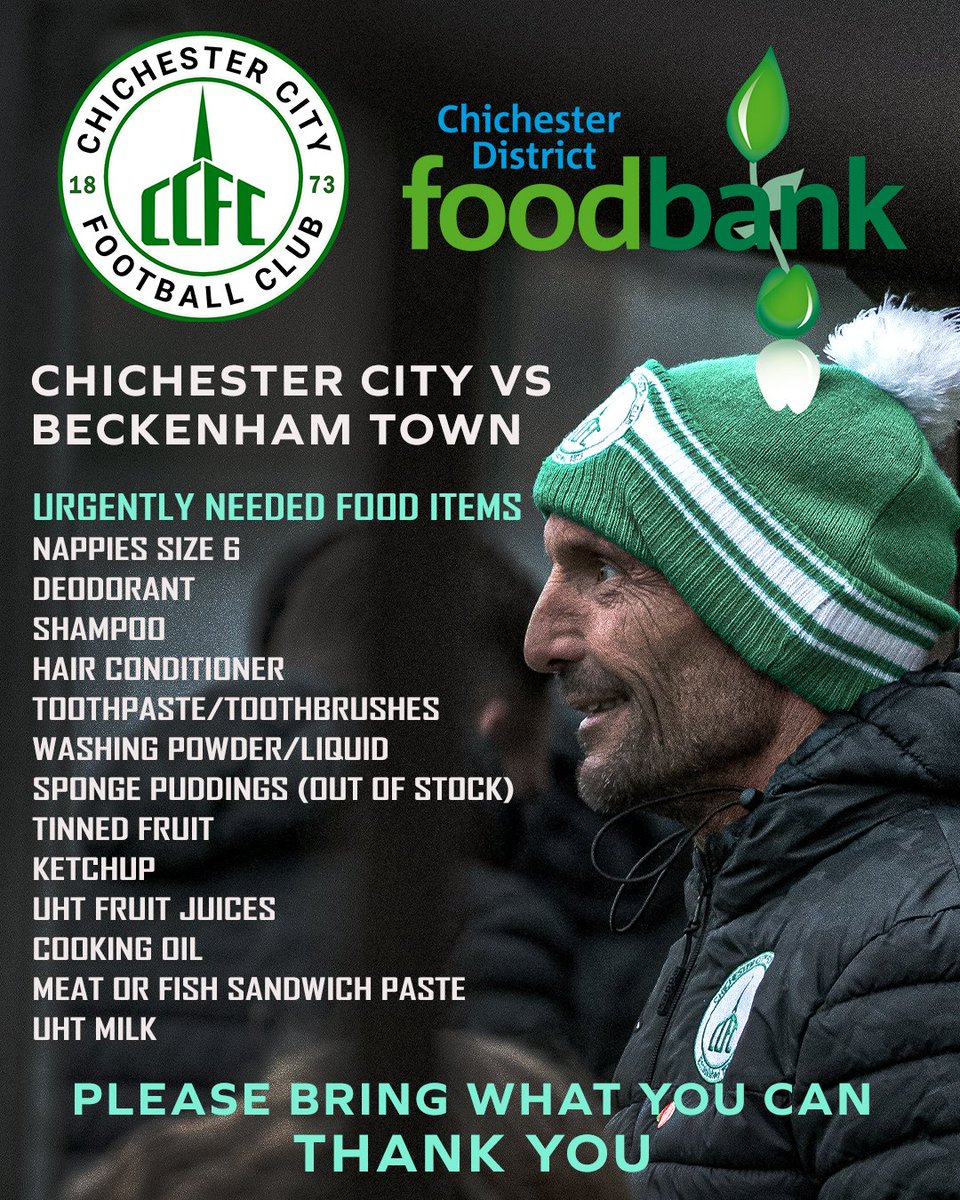 ChiCityFC's tweet image. Coming to the @beckenhamtownfc game on Saturday &amp;amp; @HawksFCOfficial on Tuesday night?
Please consider donating to our Charity of the year Chichester District Foodbank, the collection basket is just inside the turnstile
Please see the graphic for urgently needed items.
Thank you 💚