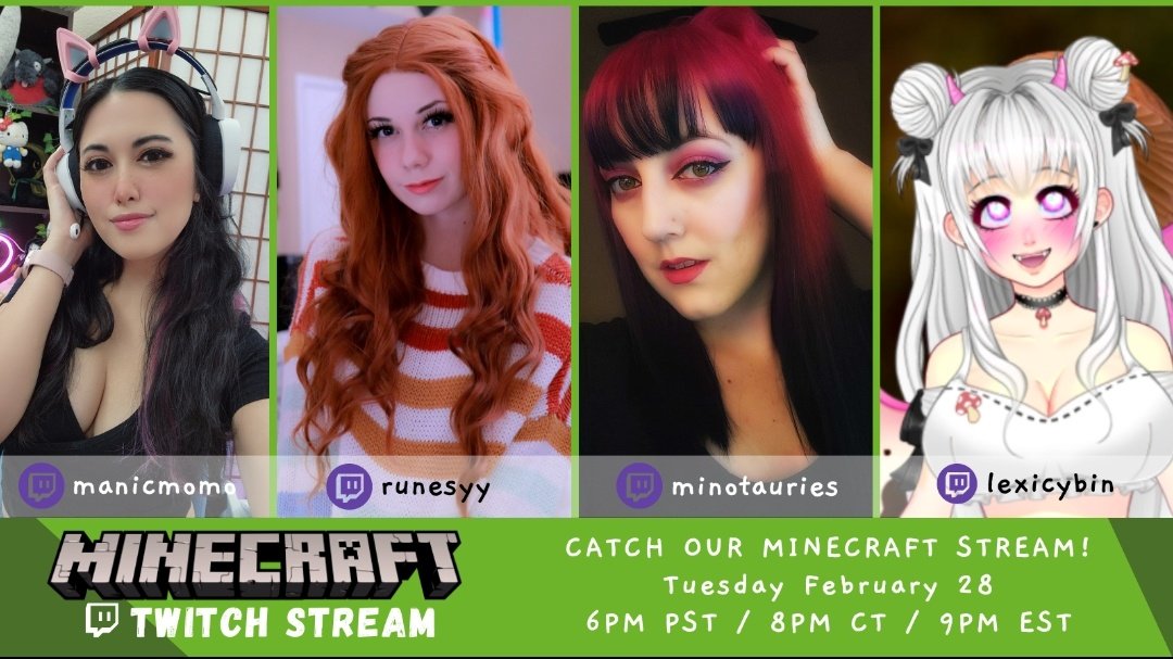 This Tuesday, join @manic_momo @Runesyy @Minotauries7 & @lexicybin On TTV for a fun Minecraft stream!! 9pm EST 🌞 https://t.co/barKytL1Ue https://t.co/MVn8kjufQx