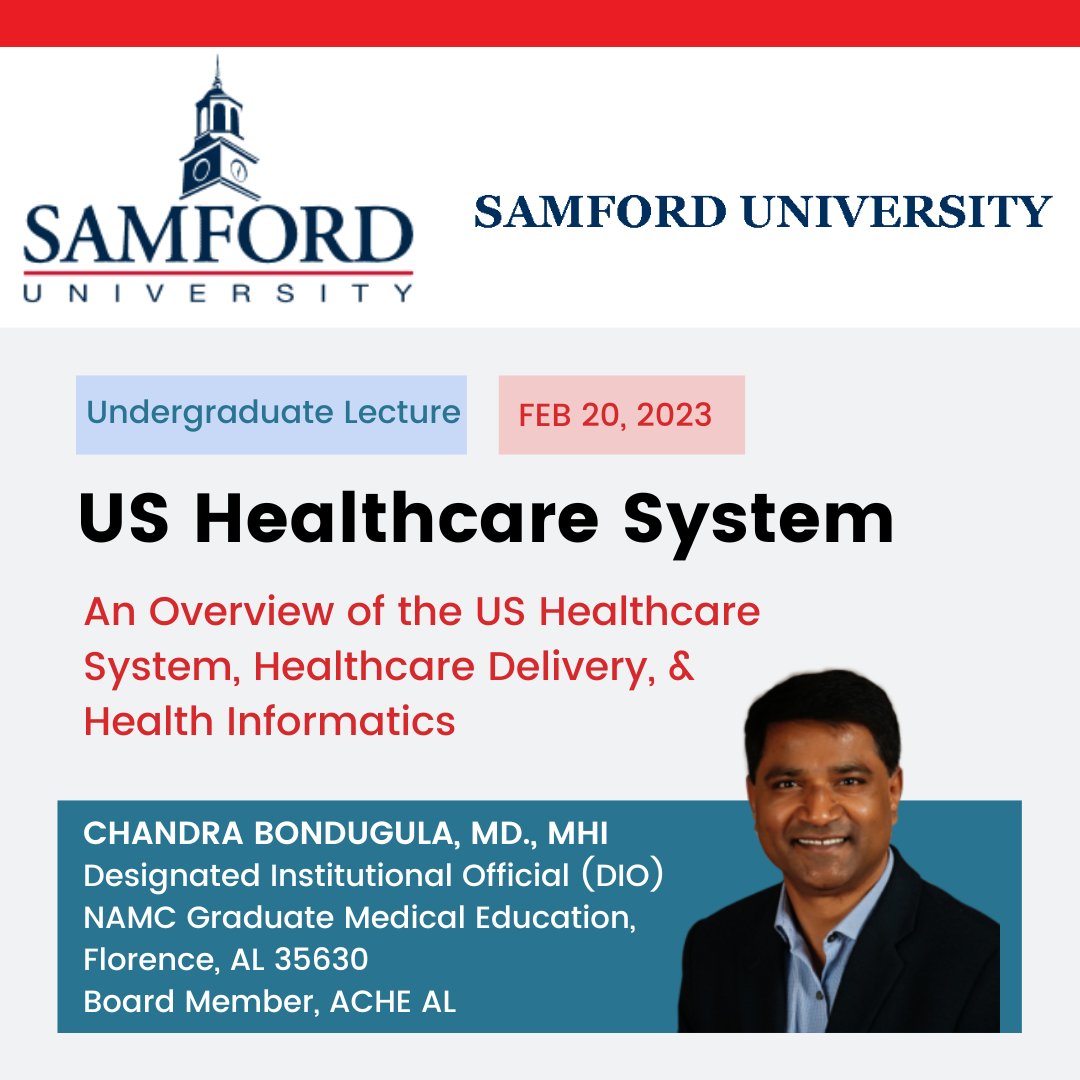 DrCSBondugula's tweet photo. I had the pleasure of delivering a lecture on the #USHealthcaresystem, #healthcaredelivery, &amp; #healthInformatics to undergraduate students at Samford University on Feb 20.

Thank you to the students &amp; Professor Lakesha Kinnerson, MPH, RHIA, for inviting me to speak.
@zeamedUSA https://t.co/RQxTR8vNpJ