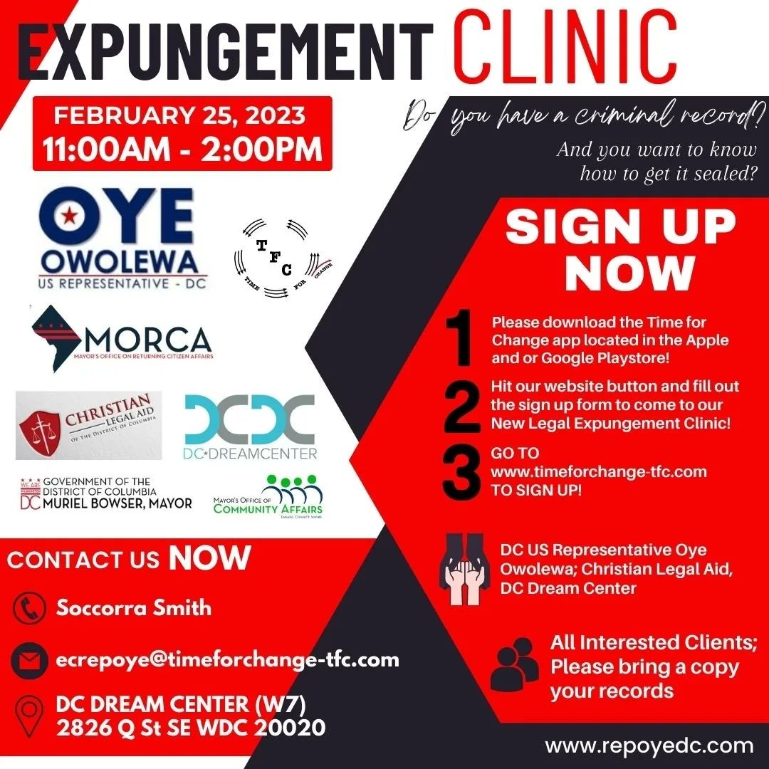 CLICK HERE to see my official statement on the next Expungement Clinic this Saturday at Ward 7's DC Dream Center.

While we discuss DC's federalized justice system, we also align with people and organizations dedicated to reducing barriers for justice impacted people.