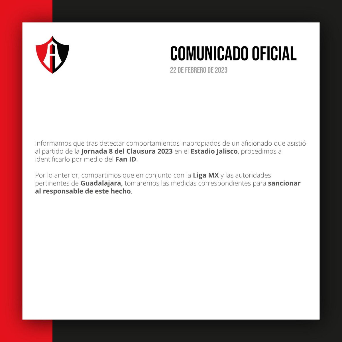 AtlasFC's tweet photo. Comunicado Oficial Atlas FC. https://t.co/tzyMawf6OU
