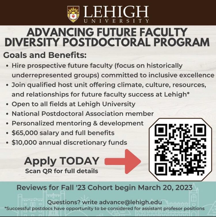 <a href="/LehighU/">Lehigh University</a> announces new #futurefaculty program. Open now, flexible postdoc start dates with multiple mentors and professional development. #postdoc #facultydiversity