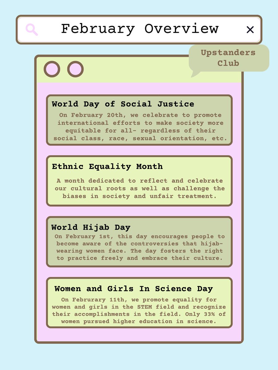 This February the Upstanders Club is honoring World Day of Social Justice, Ethnic Equality Month, World Hijab Day, and Women and Girls in Science Day. Thank you to <a href="/DanaeBoyd/">Danae Boyd</a> <a href="/Bence_EDU/">Janelle Bence</a> <a href="/NewTechCoppell/">New Tech High @ Coppell</a> and <a href="/dhhrm_org/">Dallas Holocaust and Human Rights Museum</a>!