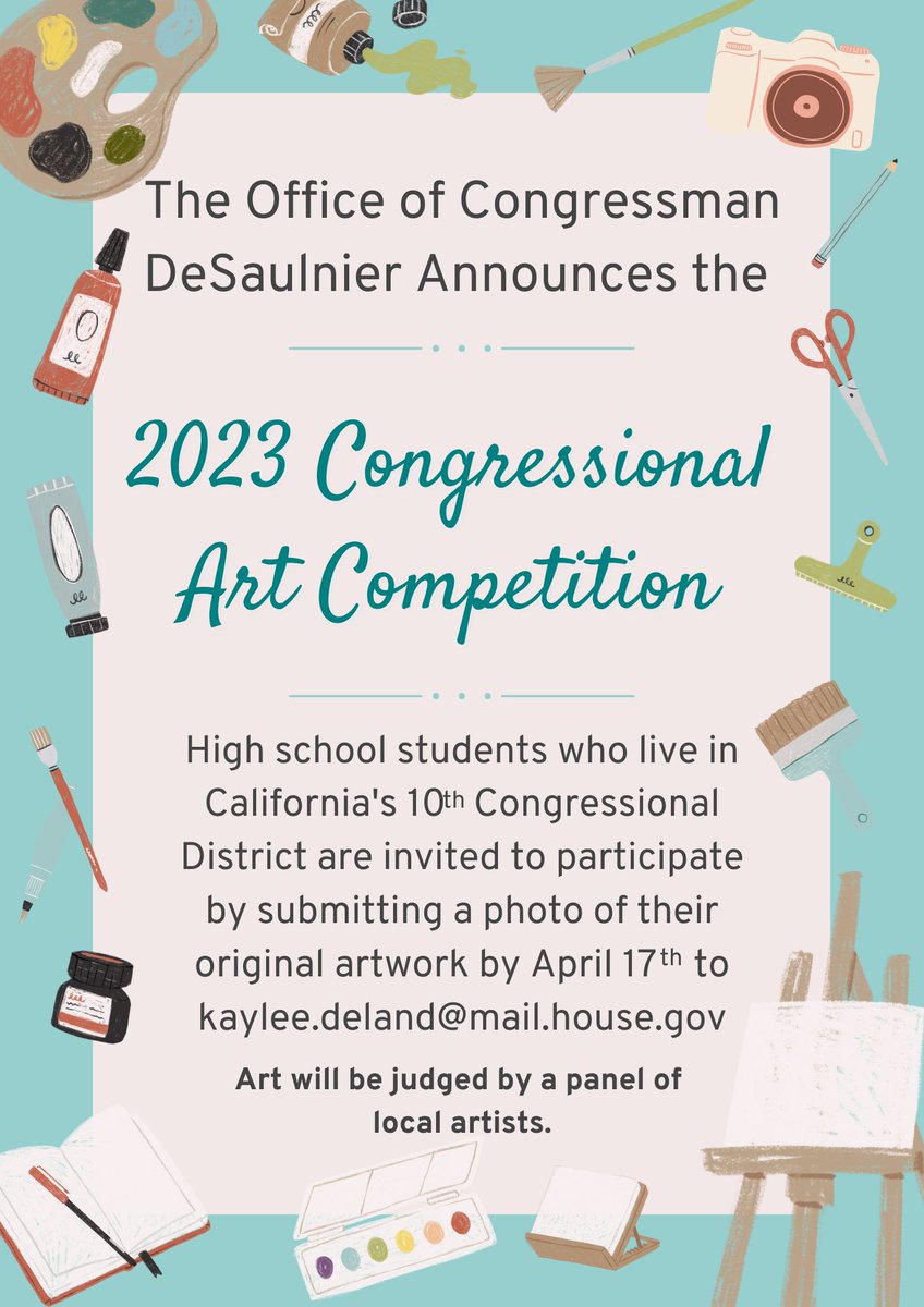 Calling all high school artists in CA-10: Enter the 2023 Congressional Art Competition for a chance to have your work featured in the U.S. Capitol. Submission deadline is April 17th and winners will be selected from a panel of local judges. Please see below for more details: