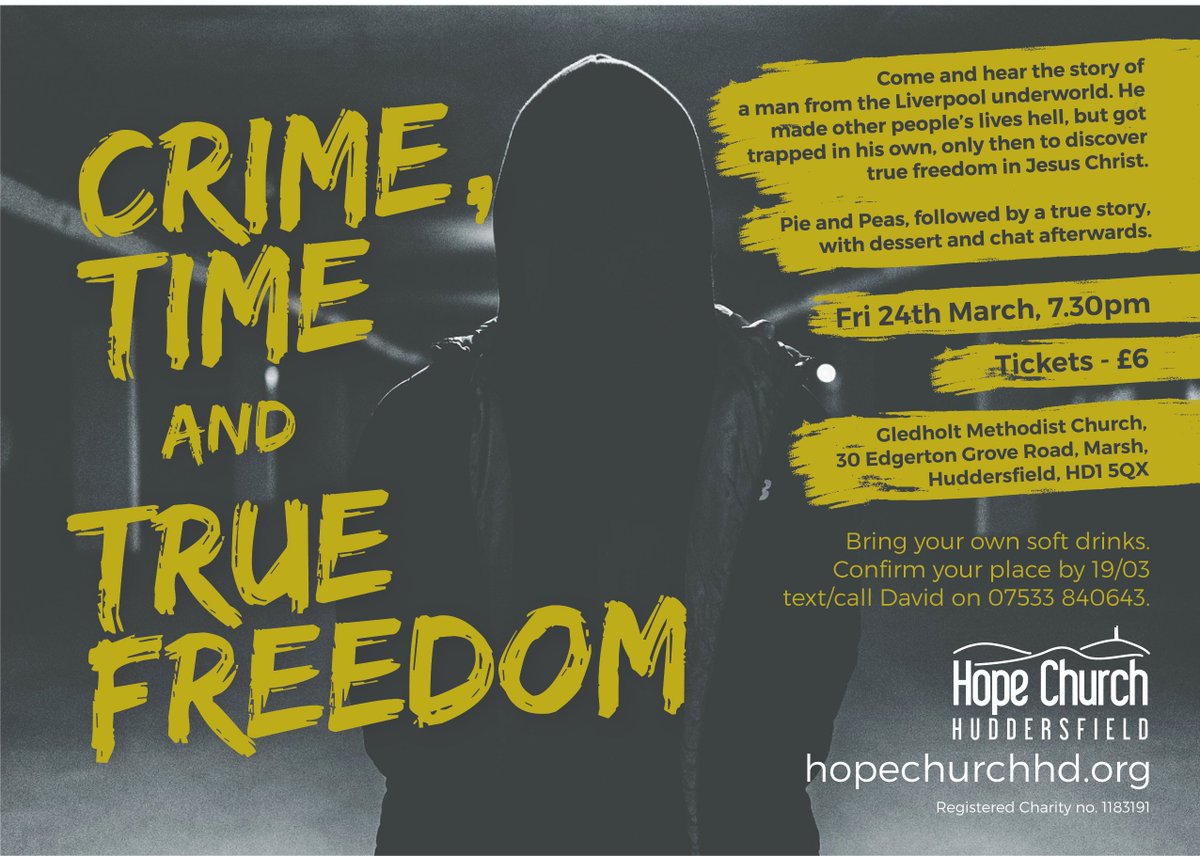 HopeChurchHD's tweet photo. We're excited to announce a special event coming up at our church next month! Invite your friends &amp; family - it's a great opportunity to hear a powerful story of true freedom in Jesus. We hope to see you there! #hopechurchhd #hopechurchhuddersfield #huddersfieldevent https://t.co/PsnhbKYLpJ