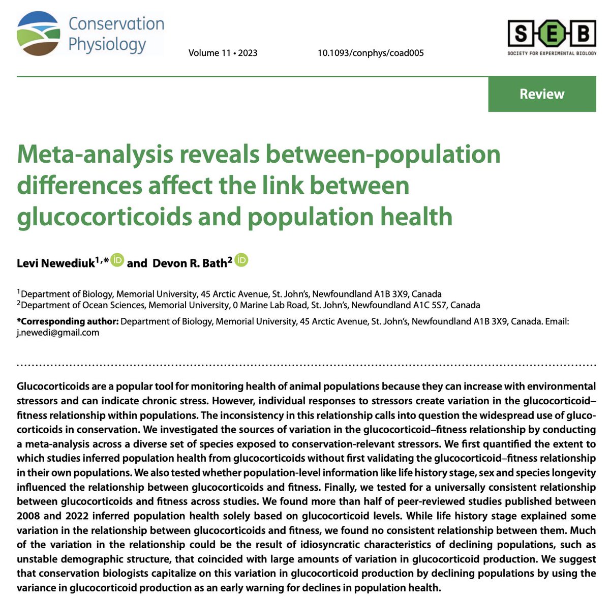 The research paper Dr. Newediuk and I have been working on has finally been published to the journal of ‘Conservation Physiology’. Link: doi.org/10.1093/conphy…